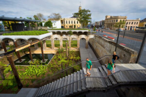 Over-head shot of Paddington Reservoir Gardens in NSW. Quiet, sunny morning in the city of Sydney. 