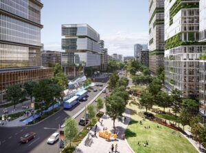 Macquarie Park TOD plan as example of other areas that have embraced TOD. High-rises, green space, with train station and buses nearby. 