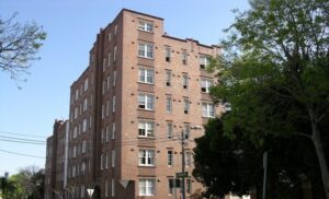 Tall, brown brick heritage building, with white timber-framed windows. Building partially covered by a tree. 