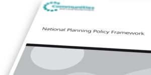 a close-up shot of a title on the opening page of a PDF document or book, which reads National Policy Planning Framework. A faded out, blue logo in top left corner, and a black and white image cut off below the title.