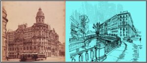 Black and white stencil drawings of tall, grand heritage buildings in Sydney. One with spires, lots of windows and columns on faded pink paper, the other building next to a little river with a bridge and trees, some cars and on blue paper.